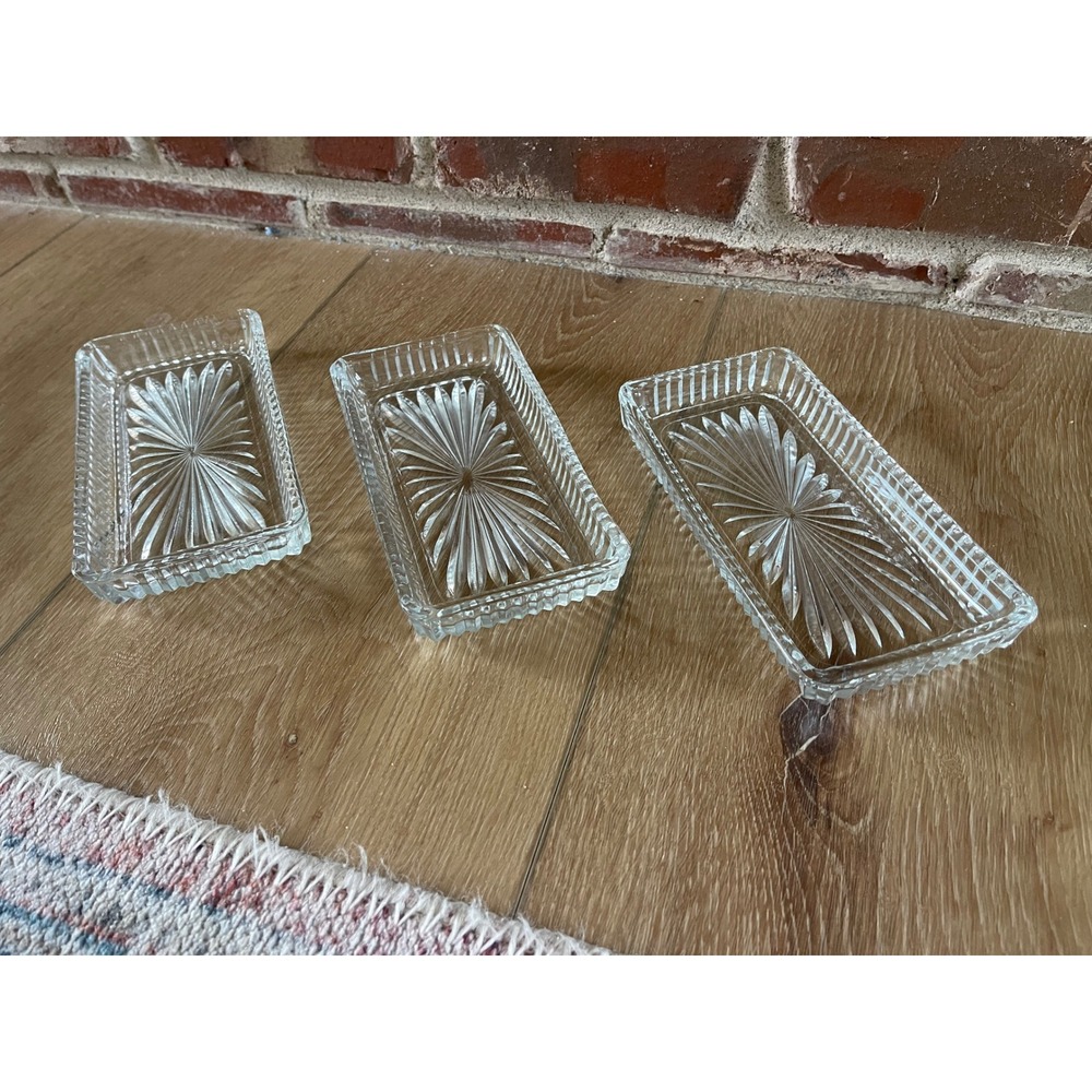 Set of 3 Vintage Clear Pressed Glass Trinket Dishes Starburst Sunburst Pattern